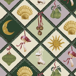 May include: A repeating pattern with illustrations of a crescent moon, seashells, mushrooms, pears, ice skates, sun, and ornaments. The design is set within a diamond grid with a dark green rope-like border, creating a vintage aesthetic. The artwork has a whimsical feel.