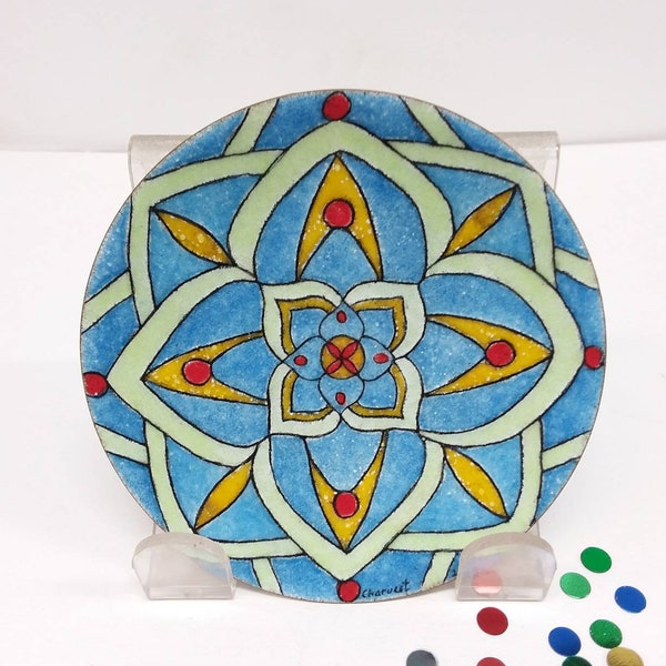 Mandala plate, enamel on copper, blue mandala, pale green, blue, amber yellow, bright red, enamels on copper, empty pocket, gift, gift, flat mandala