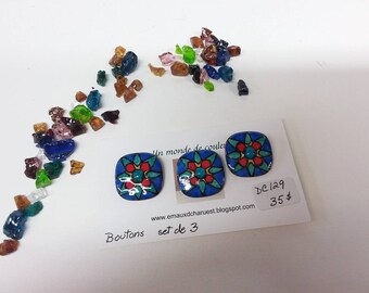 Boutons,set de 3 boutons,buttons,set of 3 buttons,bouton carré,boutons multicolores,mandala