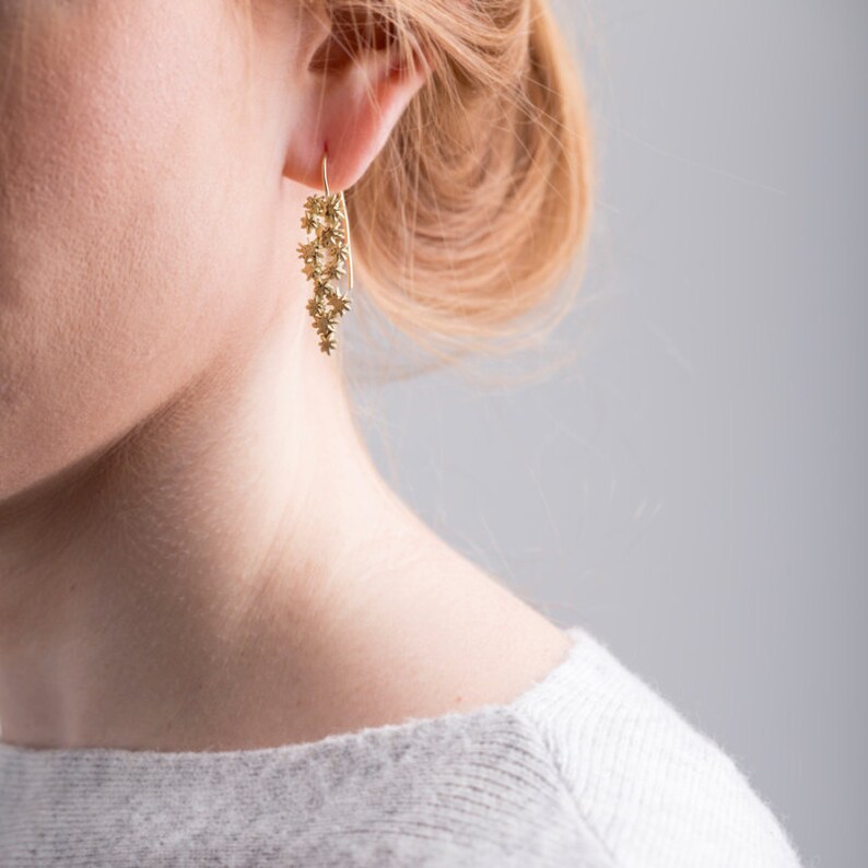 Stars 14 karat gold earrings. Gold star cluster earrings. Celestial ellegant stars earrings. Bridal dangle earrings. A gift for her. image 2