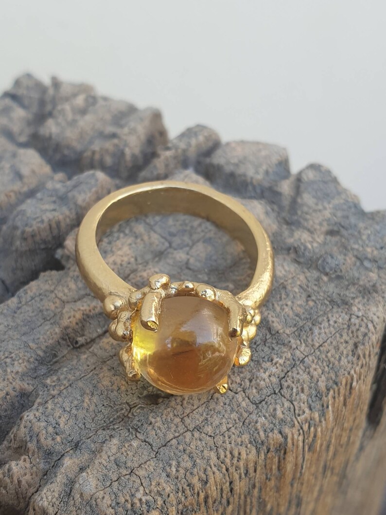 Organic Gold ring with a citrine gem Coral citrine yellow Gemstone cocktail ring Citrine alternative engagement ring.