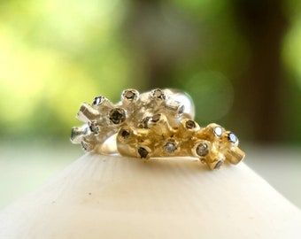Solid 14 karat coral gold ring with diamonds. Diamond coral rustic  band ring. Wedding ring. Bridal ring. Engagement ring
