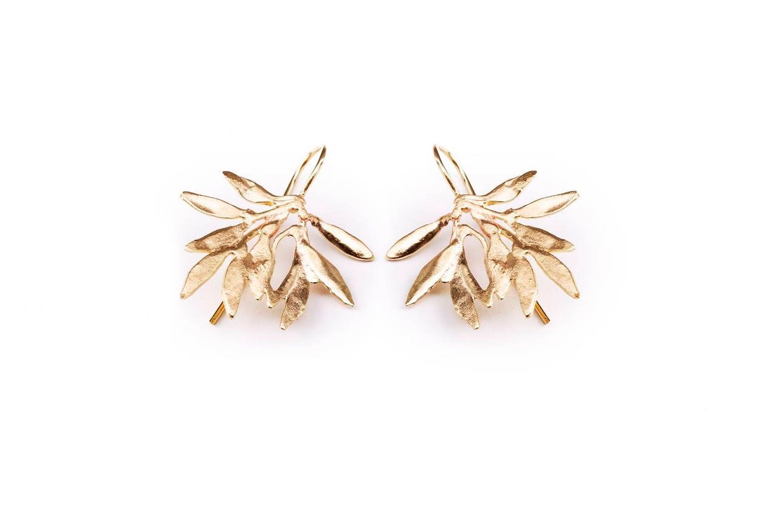 14 Karat Solid Gold Delicate Leaf Earrings. Light Weight - Etsy Israel