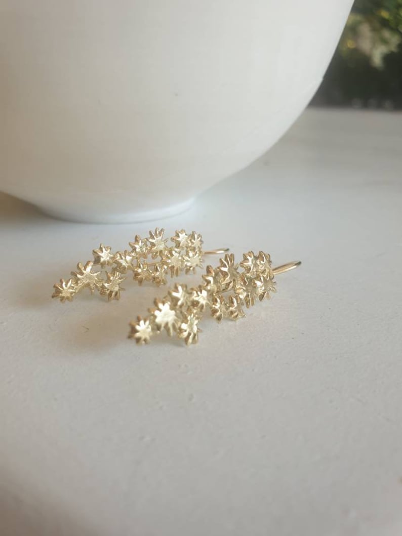 Stars 14 karat gold earrings. Gold star cluster earrings. Celestial ellegant stars earrings. Bridal dangle earrings. A gift for her. image 6