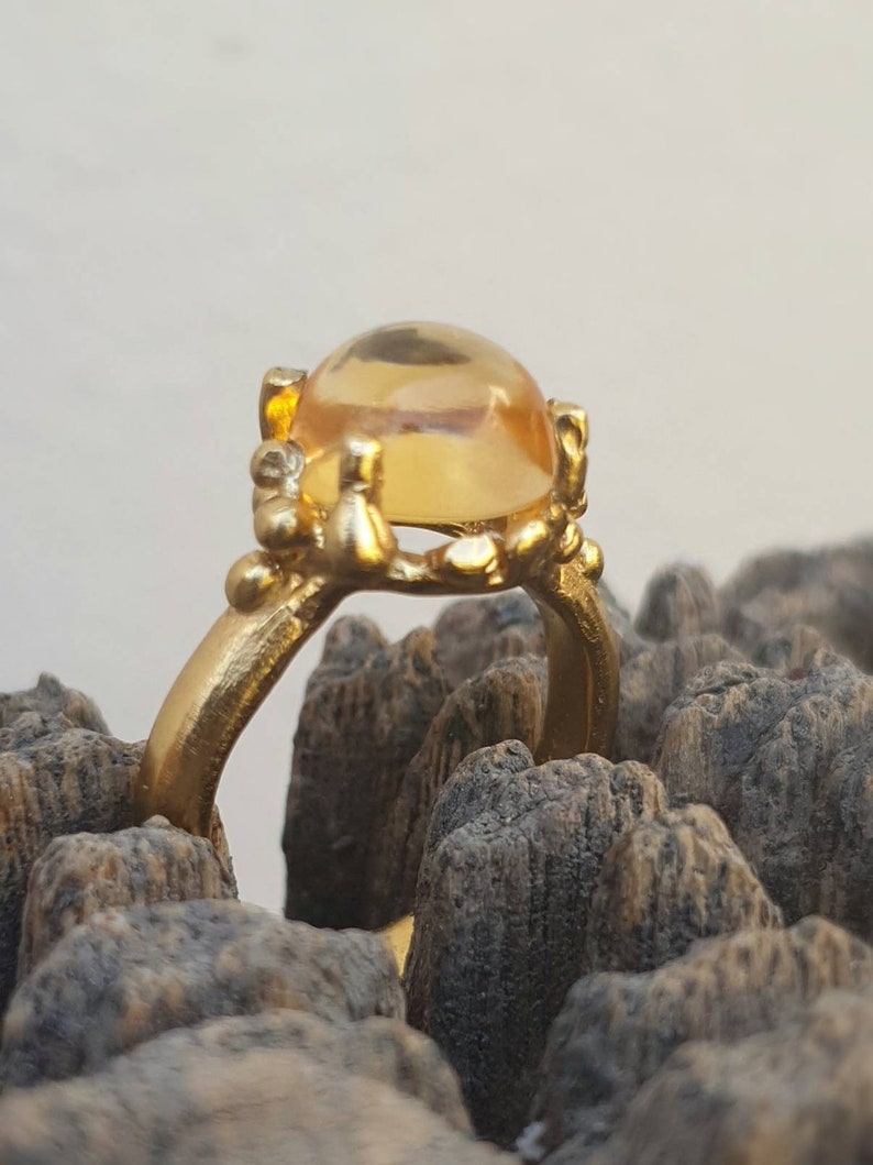 Organic Gold ring with a citrine gem Coral citrine yellow Gemstone cocktail ring Citrine alternative engagement ring.