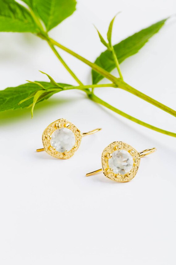 Boucles D'Oreilles Clous - Perles De Culture & Topaze - Plaqué Or Jaune - Neuf Avec étiquettes