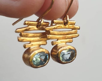 Gold Plated Blue Topaz Dangle Earrings: Handmade Minimalist Jewelry.