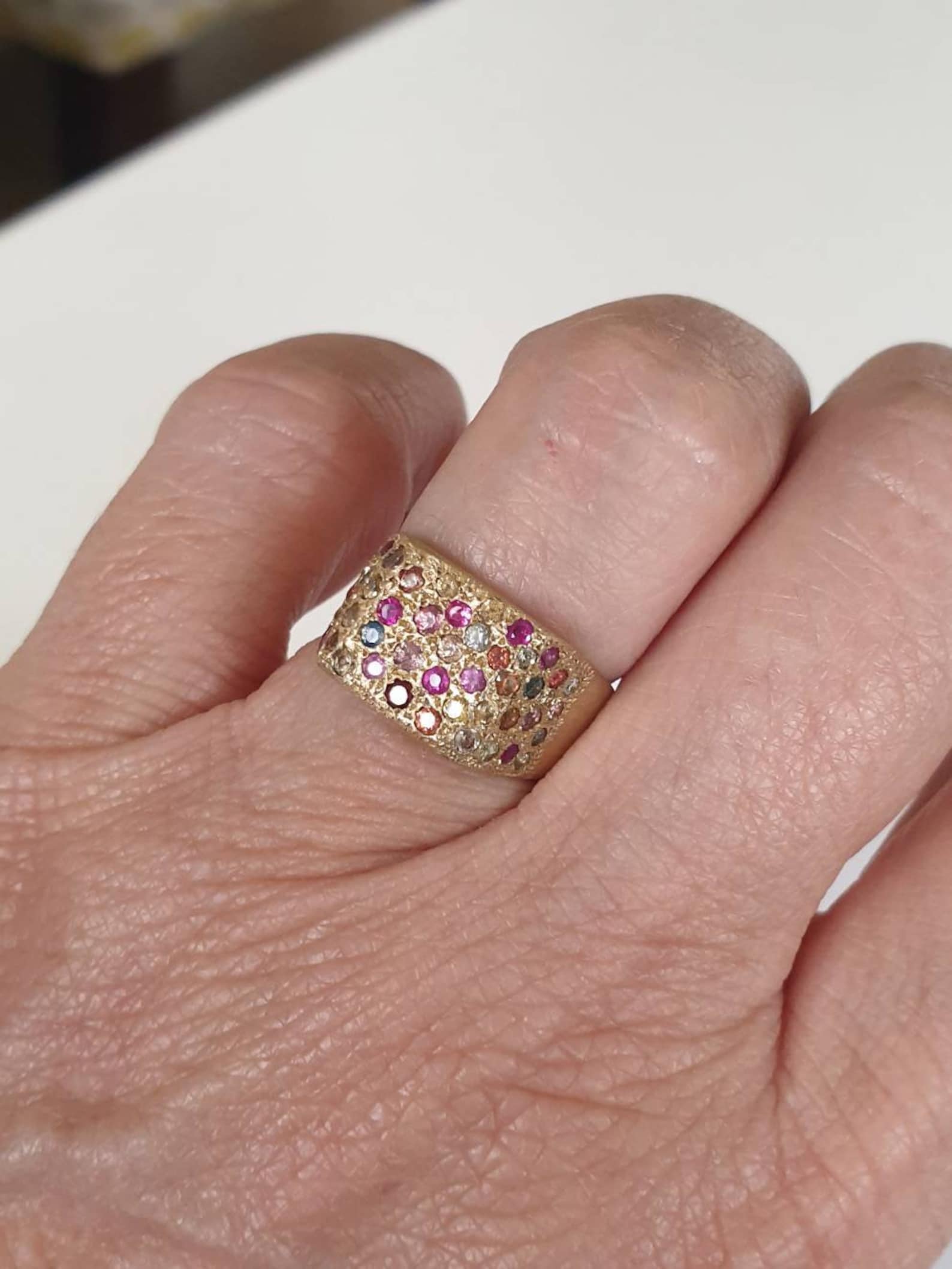Gold Pinky stamp ring. Multy color saphire ring. Solid gold Etsy