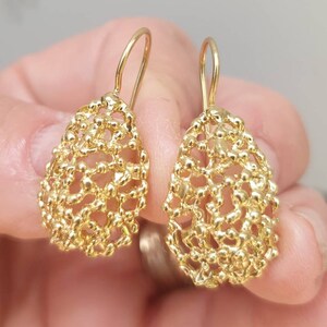 Gold lace tear earrings. Romantic lace dangle earrings. Tear lace earrings. Gold dainty designer drop earrings. bridal earrings. great gift