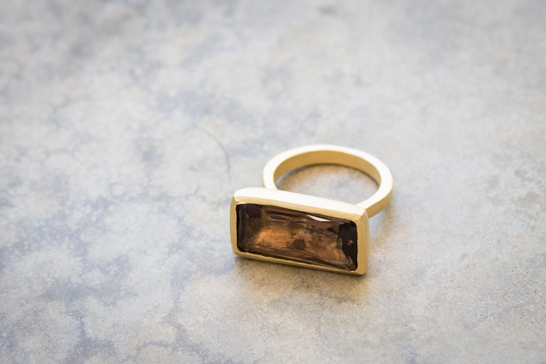 Smoky quartz ring Gold big ring geometric ring Rectangle ring Cocktail ring Gemstone statement ring Rectangular ring ring for women