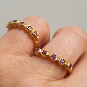 Gold Filled Ruby Ring: Dainty Five Stone Band, July Birthstone