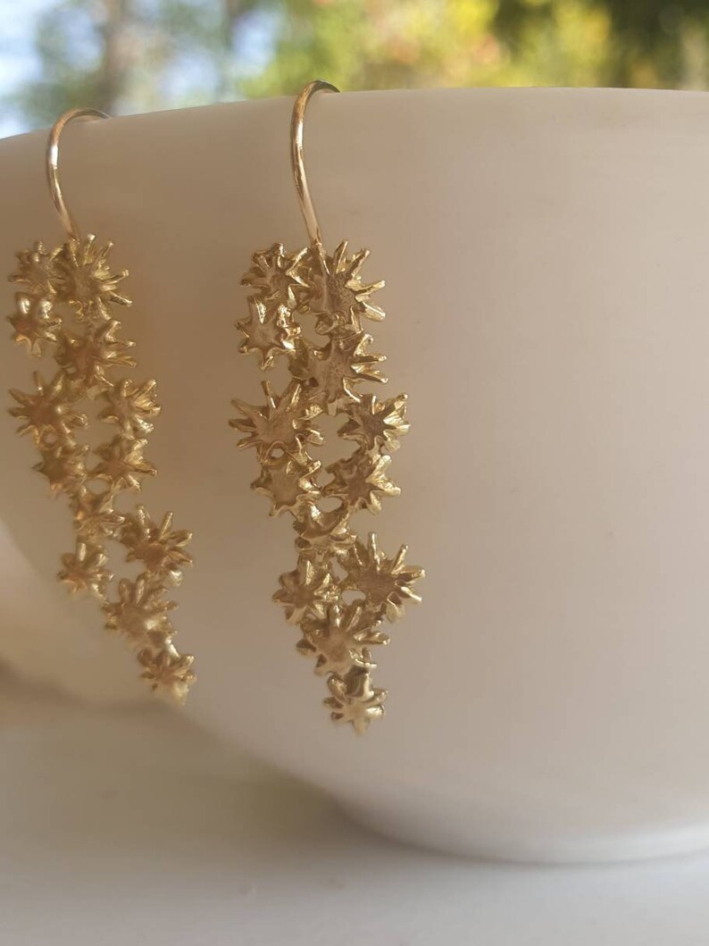 Stars 14 karat gold earrings. Gold star cluster earrings. Celestial ellegant stars earrings. Bridal dangle earrings. A gift for her. image 4