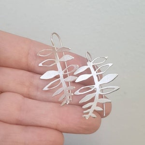 Sterling silver leaf earrings. Delicate statement earrings. . Silver Dangle drop earrings. Botanical woodland organic design. Plant earrings