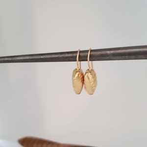 May include: A pair of gold-toned earrings with a textured, hammered finish. The earrings are oval-shaped and hang from a simple wire hook.