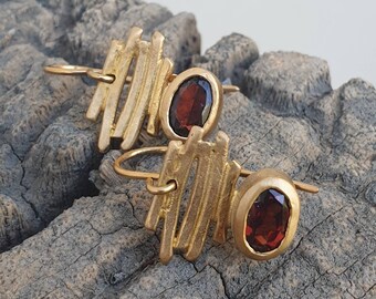Gold Plated Garnet Earrings: Handmade Dangle Earrings