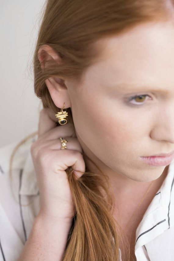 Gold smoky quartz minimalist earrings, Geometric stripes and Gemstone drop  Bambu delicate bridal Xmas
