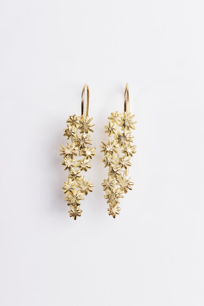 Stars 14 karat gold earrings. Gold star cluster earrings. Celestial ellegant stars earrings. Bridal dangle earrings. A gift for her. image 1