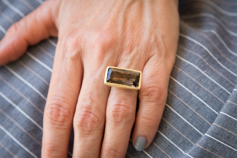 Smoky quartz ring Gold big ring geometric ring Rectangle ring Cocktail ring Gemstone statement ring Rectangular ring ring for women