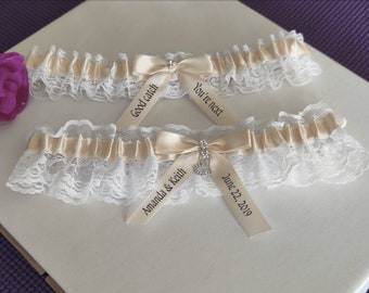 White lace garter set,  Ivory satin, Heart shape Rhinestone, Black heat press vinyl, wedding garter, bridal garter set