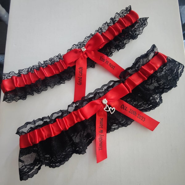 Personalized Black lace garter set, Red satin bow, keepsake double heart charm, Black heat press vinyl, wedding garter, bridal garter set