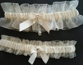 White sheer organza garter set, Ivory satin, Crystal, Rhinestone, Wedding garter, Bridal garter, Prom garter, Garter set, Custom garter