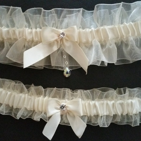 White sheer organza garter set, Ivory satin, Crystal, Rhinestone, Wedding garter, Bridal garter, Prom garter, Garter set, Custom garter