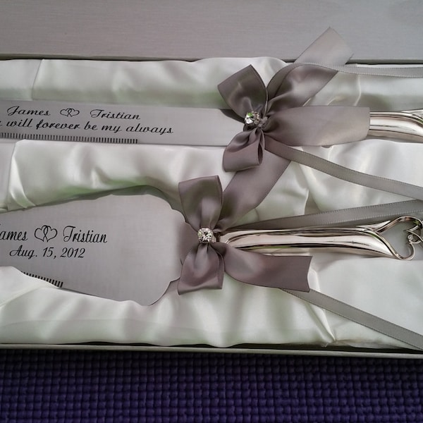 Laser engraved, personalized double heart handle wedding knife and cake server set, Silver satin bow, Wedding, Anniversary, Mothers Day gift