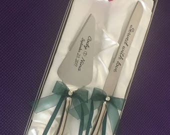 Laser engraved, personalized double heart handle wedding knife + cake server set, Teal color organza bow, Wedding gift, Anniversary gift