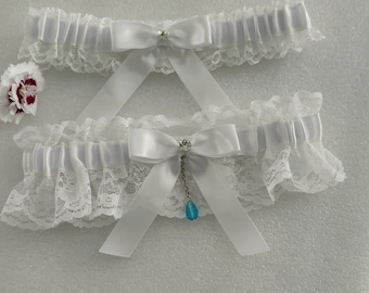 White lace garter set, white satin, Blue Crystal, Rhinestone, Wedding garter, Bridal garter, Prom garter, Garter set, Custom garter