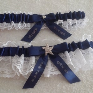 White Lace garter set, Navy blue satin, Star fish Rhinestone, personalized satin, Bridal garter, Beach wedding, Custom garter set