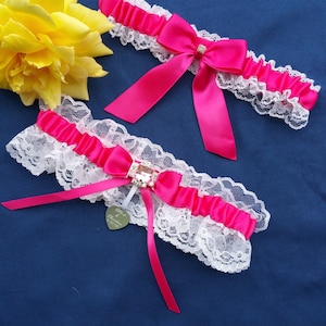 White lace, hot pink satin, garter set, rhinestone connector, personalized heart pendant, wedding garter set, prom garter, custom garter