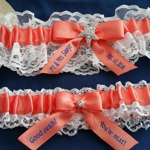 White Lace garter set, light coral satin, Star fish Rhinestone, personalized satin, Bridal garter, Beach wedding, Custom garter set