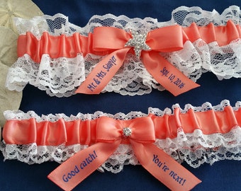 White Lace garter set, light coral satin, Star fish Rhinestone, personalized satin, Bridal garter, Beach wedding, Custom garter set
