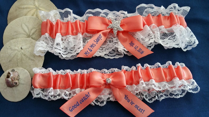 White Lace garter set, light coral satin, Star fish Rhinestone, personalized satin, Bridal garter, Beach wedding, Custom garter set image 1