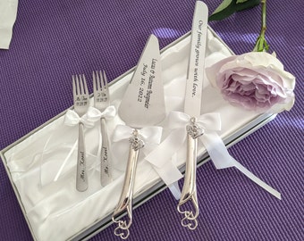 Laser, personalized double interlock heart handle knife-cake server and forks set, White satin bow, Wedding gift, Anniversary, Bridal gift