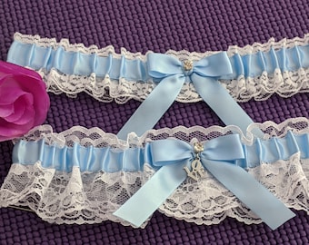 White Lace garter set, light blue satin, LOVE charm, Rhinestone, Wedding garter, Bridal garter, Prom garter, Garter set, Custom garter
