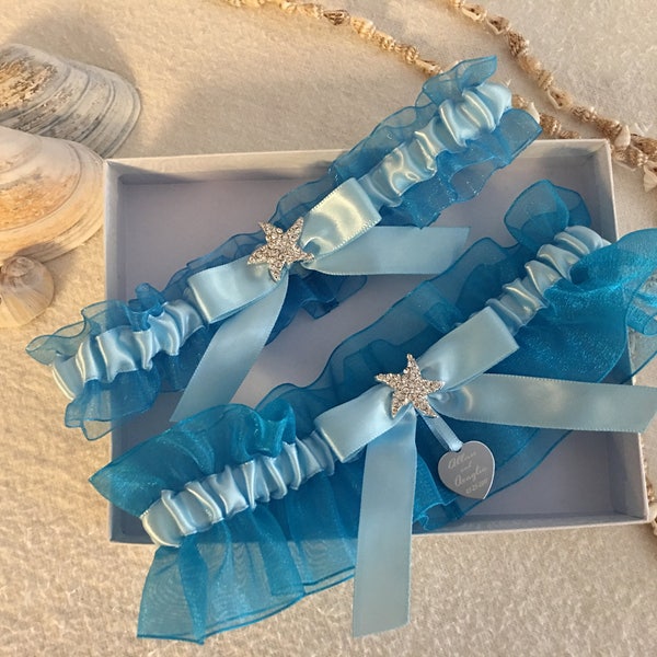 Turquoise organza garter set, Lt. blue satin, Starfish Rhinestone, Laser engraved, Wedding garter, Bridal garter, Custom, personalized