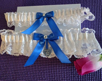 White Lace garter set, center White satin, Royal blue bow, Rhinestone, Laser engraved tag, Wedding garter set, Prom garter, Custom garter