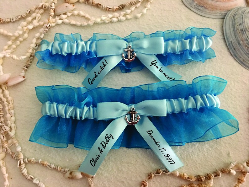 blue satin bow bridal garter set wedding Personalized Turquoise organza garter set Lt heat press vinyl custom garter Anchor charm