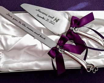 Laser engraved, personalized double heart handle wedding knife-cake server and forks set, Plum color bow, Wedding, Anniversary, Bridal gift