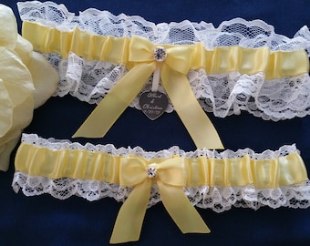 White Lace daffodil yellow satin garter set, Rhinestone, presonalized garter, Wedding garter, Bridal garter, Prom garter, Custom garter set