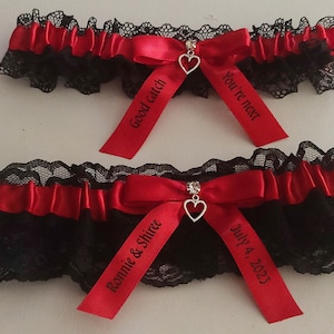 Personalized Black lace garter set, Red satin bow, heart charm, heat press vinyl, wedding, bridal garter set, custom garter