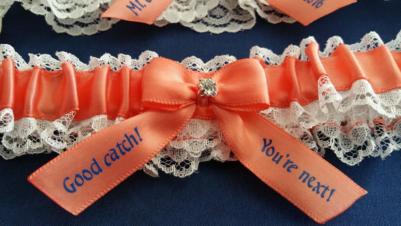 White Lace garter set, light coral satin, Star fish Rhinestone, personalized satin, Bridal garter, Beach wedding, Custom garter set image 3
