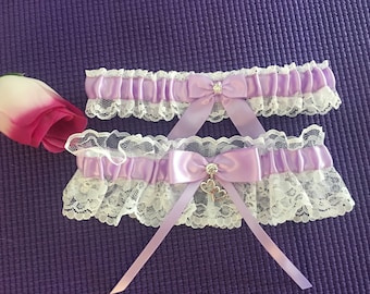 White Lace garter set, Orchid satin, Rhinestone, double heart charm, Wedding garter set, Bridal garter, Prom garter, Custom garter set