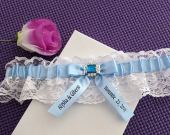White lace garter, Lt. blue satin, Acrylic Rhinestone Connector, heat press vinyl, wedding, bridal garter set, custom garter