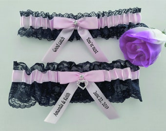 Personalized Black lace garter set, Lt. Pink satin bow, rhinestone heart charm, heat press vinyl, wedding, bridal garter set, custom garter