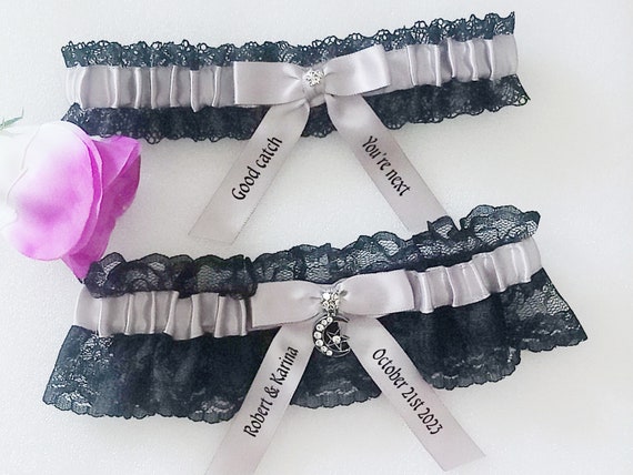 Black Lace Garter Set, Silver Satin Bow, Moon and Star Charm, Heat Press  Vinyl, Wedding, Bridal Garter Set, Custom Garter Set, Prom Garter