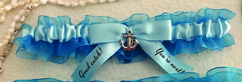blue satin bow bridal garter set wedding Personalized Turquoise organza garter set Lt heat press vinyl custom garter Anchor charm