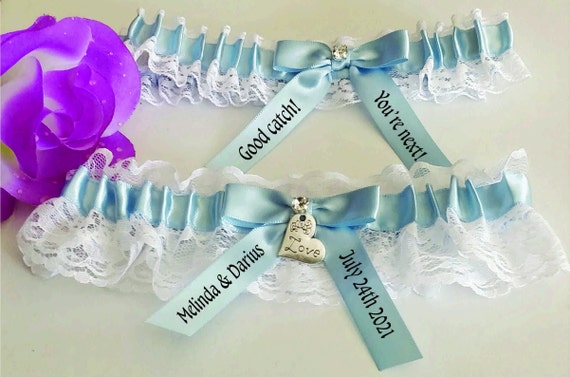 Bridal white lace garter with light blue satin ribbon UGY PT
