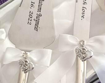 Laser engraved, personalized double heart handle wedding knife-cake server and forks set, White bow, Wedding, Anniversary, Bridal gift